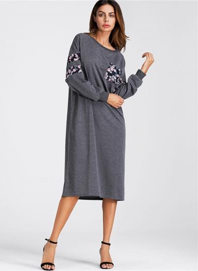 Oasap Casual Floral Embroidery Loose Fit Midi Dress