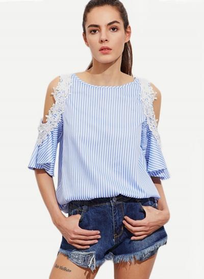 Oasap Round Neck Off Shoulder Striped Half Sleeve Tops