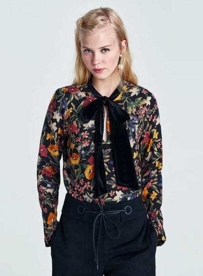 Oasap V Neck Bow Long Sleeve Floral Print Blouse