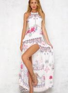 Oasap Bohemian Floral Printed Halter Backless Slit Maxi Dress