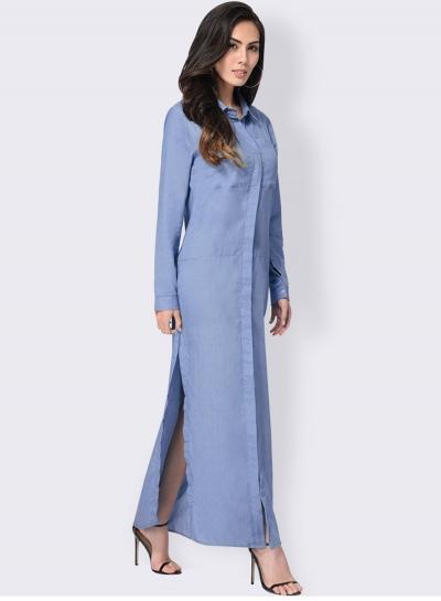 Oasap Fashion Slit Maxi Denim Shirt Dress