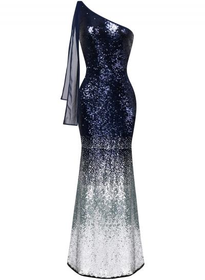 Oasap Gradient Color One Shoulder Mesh Panel Sequin Mermaid Prom Dress