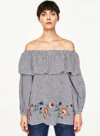Oasap Plaid Print Off-shoulder Floral Embroidery Blouse