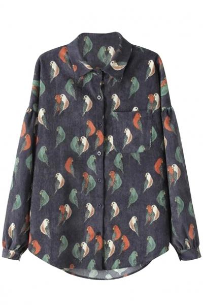 Oasap Casual High-low Bird Print Blue Blouse