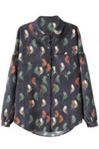 Oasap Casual High-low Bird Print Blue Blouse