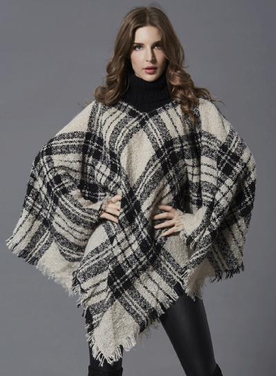 Oasap High Neck Plaid Cloak Top With Tassel