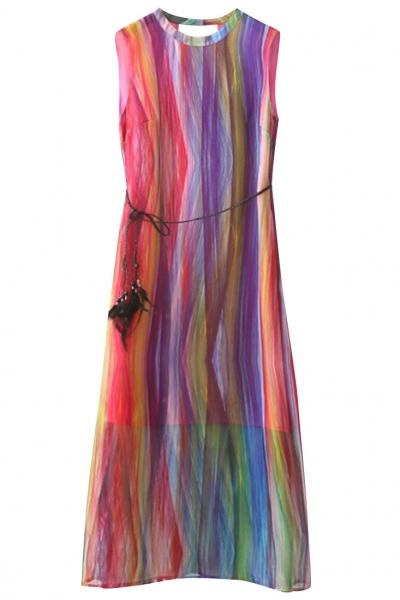 Oasap Amazing Multicolor Stripe Print Sleeveless Midi Shift Dress