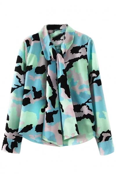 Oasap Brightly Camo Neck-tie Button Down Shirt