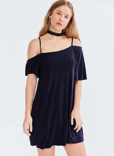 Oasap Spaghetti Strap Off Shoulder Asymmetrical Sleeve Dress