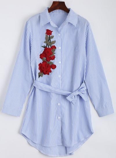 Oasap Stripe Rose Embroidery Shirt Dress With Belt