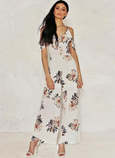 Oasap V Neck Off Shoulder Ruffle Short Sleeve Floral Jumpsuit