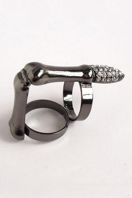 Oasap Knuckle Linked Double Ring With Rhinstone Embellishment