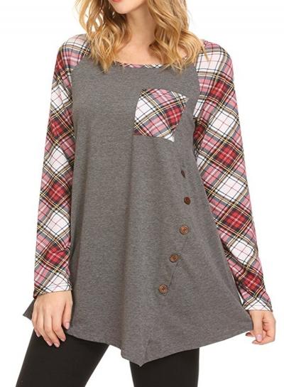 Oasap Fashion Loose Fit Irregular Plaid Tee