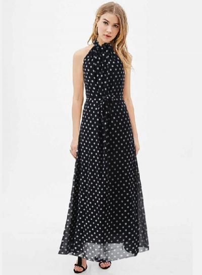 Oasap Halter Off Shoulder Sleeveless Polka Dota Maxi Dress