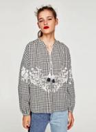 Oasap Long Sleeve Floral Embroidery Loose Plaid Blouse
