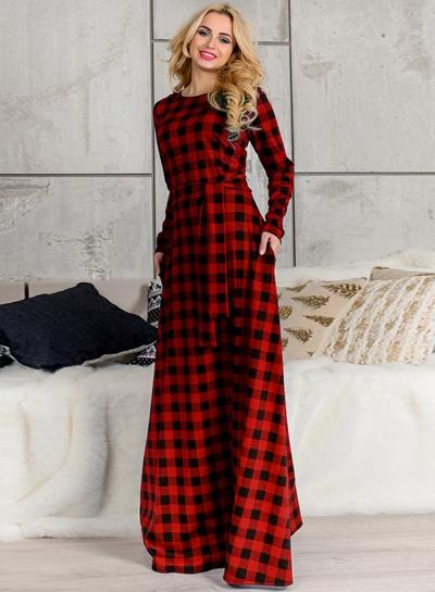 Oasap Round Neck Long Sleeve Plaid Maxi Dress