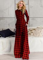 Oasap Round Neck Long Sleeve Plaid Maxi Dress