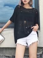Oasap V Neck Back Lace Up Ripped Pullover Knitwear