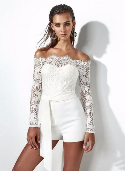 Oasap Fashion Slash Neck Long Sleeve Lace Romper
