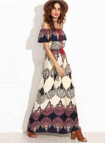 Oasap Slash Neck Pattern Print Maxi Dress