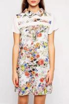 Oasap Sweet Floral Print Stand Collar Short Sleeve Shift Dress