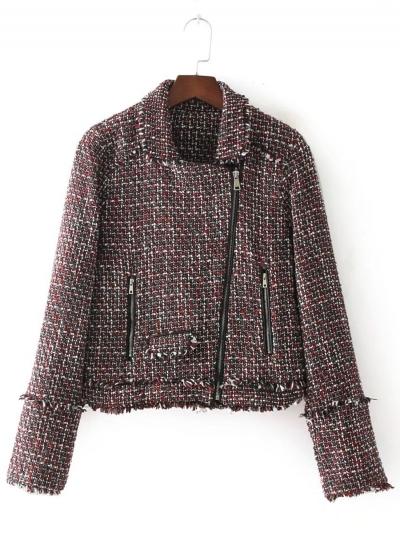 Oasap Turn Down Collar Zipper Fly Color Mixture Coat