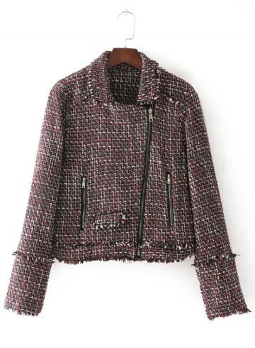 Oasap Turn Down Collar Zipper Fly Color Mixture Coat