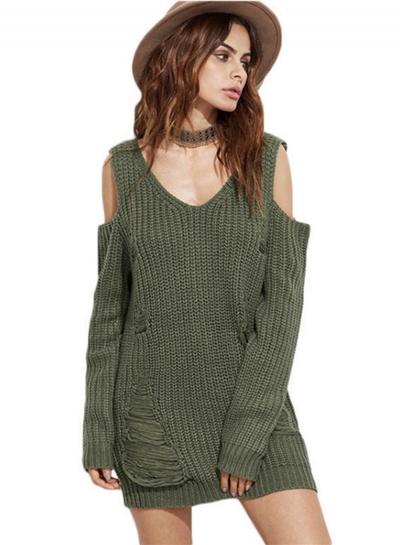 Oasap Solid Color V Neck Off Shoulder Ripped Hole Pullover Sweater