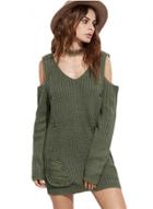 Oasap Solid Color V Neck Off Shoulder Ripped Hole Pullover Sweater