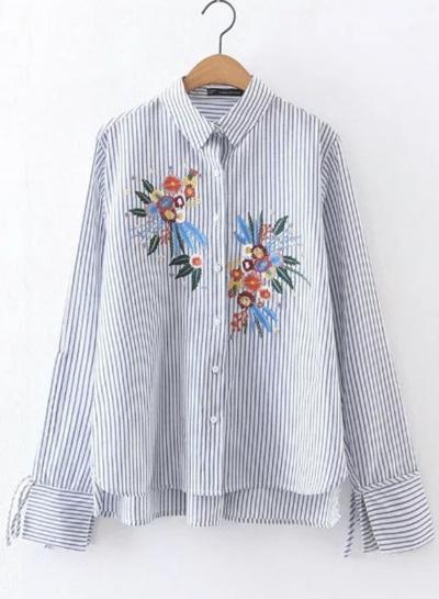 Oasap Cute Stripped Floral Embroidery Shirt