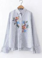 Oasap Cute Stripped Floral Embroidery Shirt
