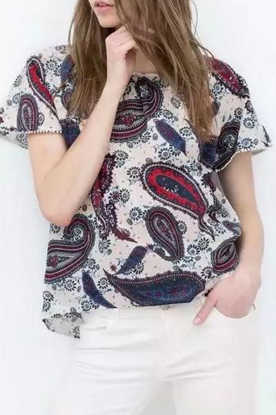 Oasap Paisley Print Short Sleeve Blouse