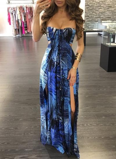 Oasap Off Shoulder Halter Hollow Print Maxi Dress