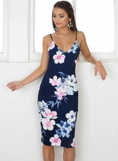 Oasap V Neck Sleeveless Backless Floral Printed Bodycon Dress