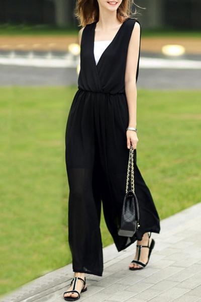 Oasap Stylish Black Deep V Wide-leg Chiffon Jumpsuit