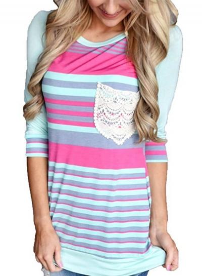 Oasap Round Neck Long Sleeve Striped Lace Splicing Pullover Tee