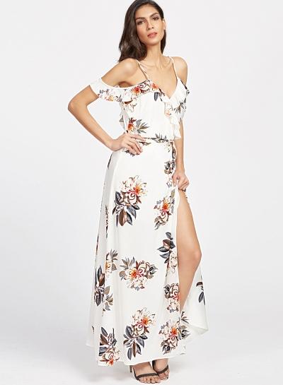 Oasap Spaghetti Strap Backless Floral Print High Split Dress