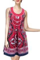 Oasap Women Chic Floral Print Rhinestone Round Neck Sleeveless Pleated Dress