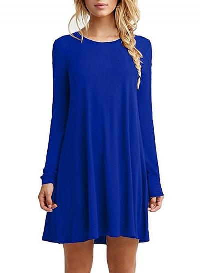 Oasap Solid Color Loose Fit Long Sleeve Round Neck Mini Dress