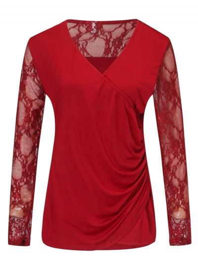 Oasap V Neck Long Sleeve Lace Splicing Tee Shirt