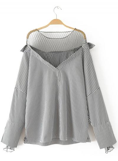 Oasap Fashion Mesh Vertical Striped Blouse