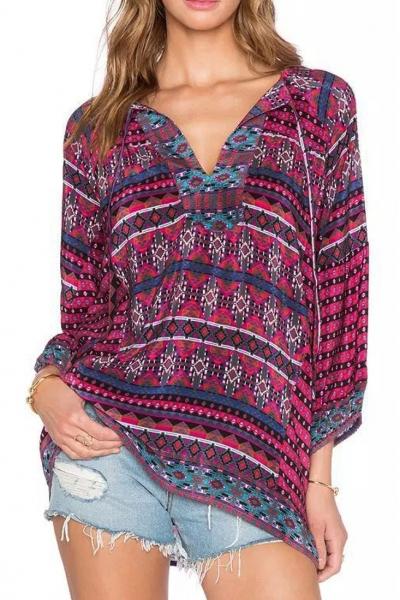 Oasap Baroque Wind Pattern Lace-up V Neckline Blouse