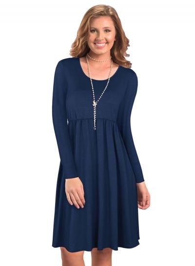 Oasap Solid Color Round Neck Long Sleeve Midi Dress