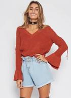Oasap V Neck Long Sleeve Off The Shoulder Lace Up Sweater