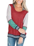 Oasap Varsity Striped Purplish Red Colorblock Sweatshirt