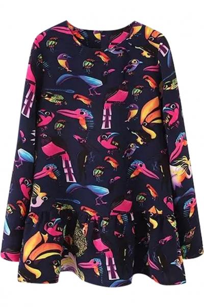 Oasap Chic Birds Printing Zip Back Dress