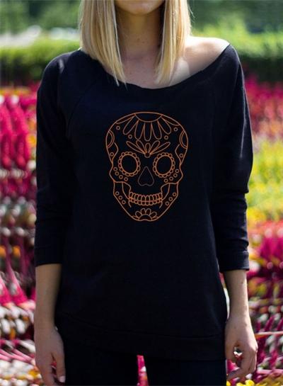 Oasap Halloween Scoop Neck Skull Printed Pullover Tee
