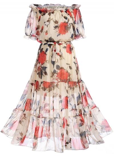 Oasap Slash Neck Floral Printed Maxi Dresses