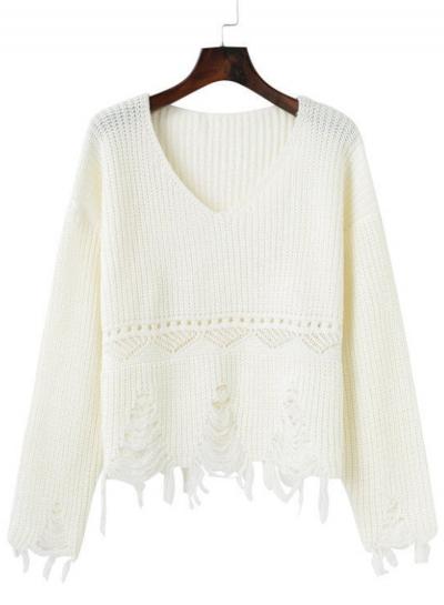 Oasap V Neck Long Sleeve Ripped Pullover Sweater