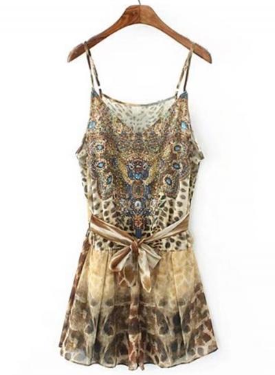 Oasap Spaghetti Strap Chiffon Leopard Printed Romper With Belt
